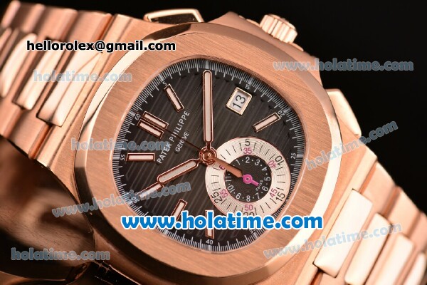 Patek Philippe Nautilus Chrono Swiss Valjoux 7750 Automatic Full Rose Gold with Black Dial an Whtie Stick Markers 1:1 Original (BP) - Click Image to Close